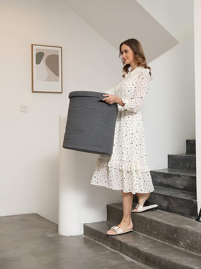 16" x 16" x 18" Extra Large Storage Basket with Lid, Cotton Rope Storage Baskets, Laundry Hamper, Cloth Bin, for Clothes Towels Blankets Pillows Storage in Living Room, All Dark Grey