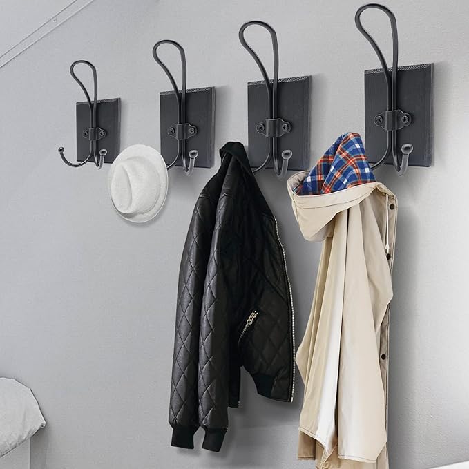 Double Towel Hooks for Bathroom, 2 Pack Farmhouse Coat Hooks Wall Mounted, Heavy Duty Rustic Decorative Wood Wall Hooks Hanging Keys Robe Hat for Bedroom, Kitchen, Entryway (Black)