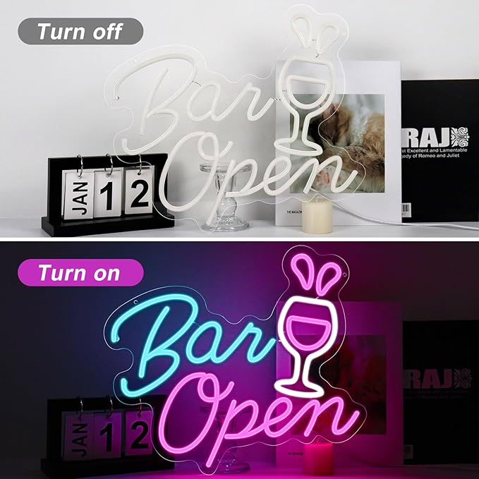 Bar Open Signs for Business, 16.5"X 14.3" Dimmable LED Neon Open Sign Powered by USB with ON/OFF Switch, Bright High Visibility Light Up Neon Sign for Home Beer Club Party Gift