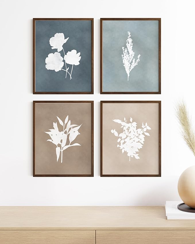 HAUS AND HUES Floral Wall Art - Set of 4 Plant Posters for Wall Vintage Botanical Prints, Flower Pictures for Room Aesthetic, Vintage Art Prints Flower Wall Art (Walnut Frame, 16x20)