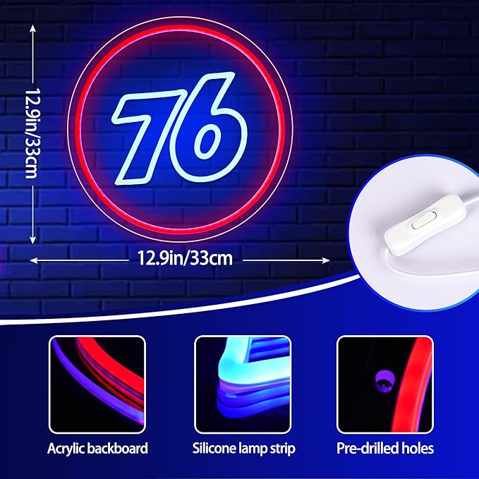 76 Gasoline Neon Sign for Gas Station Personalized Led Sign for Man Cve Neon Sign for Garage,Auto Repair Shop,Birthday Gift for Men,Size12.9 * 12.9inch(ZYLD084)