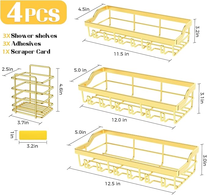 4 Pack Shower Caddy, Adhesive Shower Organizer for Bathroom Storage, Rustproof Stainless Steel Shower Shelves, No Drilling, Large Capacity Shower Rack Shelf for Inside Shower, Gold