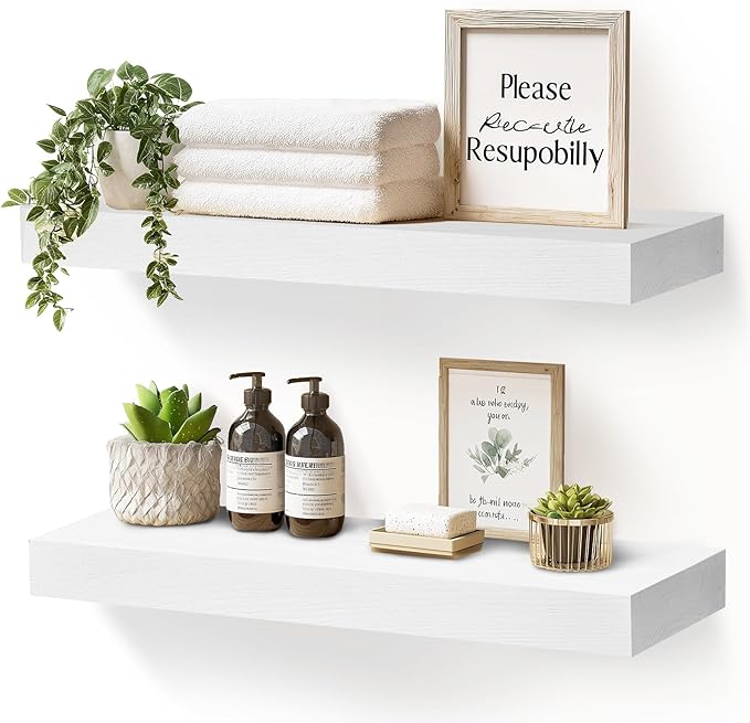 17x8x1.6 inch Floating Shelves Set of 2 – Solid Wood Rustic White Wall Mounted Shelf for Kitchen, Bathroom, Living Room