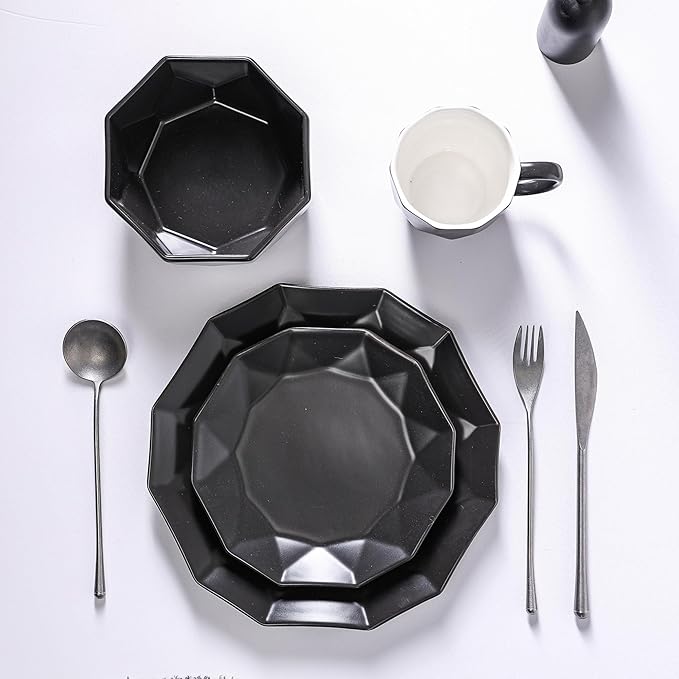 Stone + Lain Jamie Porcelain 16-Piece Geometric Dinnerware Set, Black