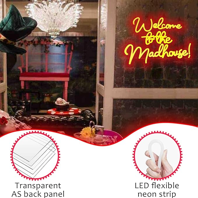 Welcome to the Mad House Neon Sign for Wall Art Decor,Alice In Wonderland Decoration Red LED Lights for Dimmable LED Lights for Bedroom Man Cave Party Bar Background Decoration Birthday Gifts