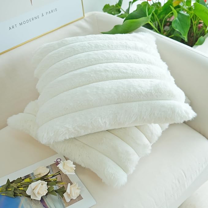 JOJUSIS Pack of 2 Faux Fur Plush Decorative Throw Pillow Covers Couch Cushion Case Soft Fluffy Pillowcases Wide Stripe (White, 22 x 22 Inch)