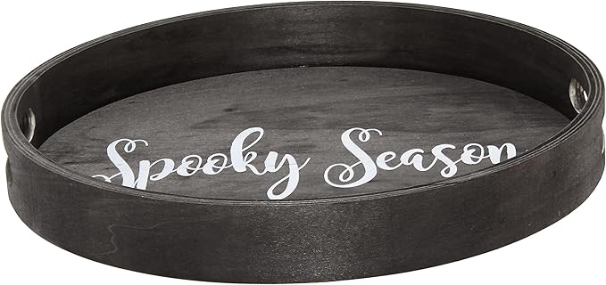 Elegant Designs HG2013-BKS Decorative 13.75" Round Wood Serving Tray w/Handles, Black Wash Spooky Season