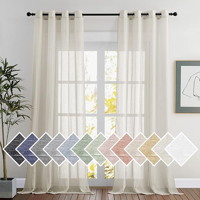 NICETOWN Linen Sheer Curtains 90 inch Length for Living Room, Privacy Semi Sheer Curtains Linen Weave Privacy Drapes with Light Filtering for Bedroom/Hall, Natural, W52 x L90, 1 Pair