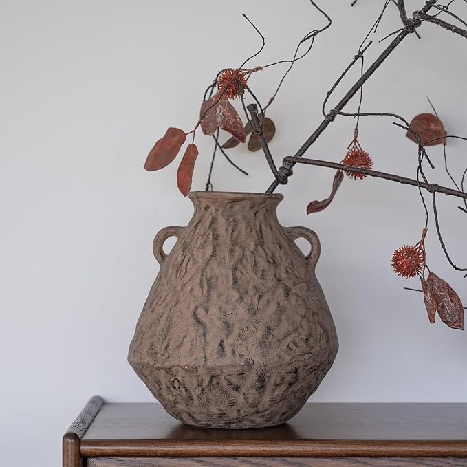 Ceramic Rustic Farmhouse Flower Vase with 2 Handles, 10.6 Inch Tan Brown Vintage Clay Terracotta Pottery Texture Handmade Vase,Wabi Sabi Home Living Room Table Decor,Gift for Women Girls