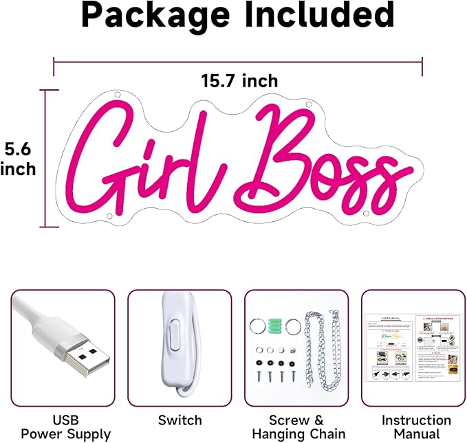Girl Boss Neon Pink USB Led Light Up Sign for Girls Bedroom Home Wall Decor Female Office Dest Wall Art Sign Christmas Birthday Gifts, 15.7 x 5.9 Inch