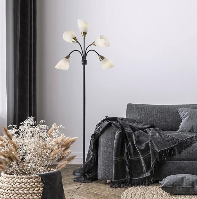 Adesso Floor Lamp with 5 Movable Shades & Adjustable Brightness – Perfect Lighting for Bedroom Decor, Beauty & Art Studio, Black