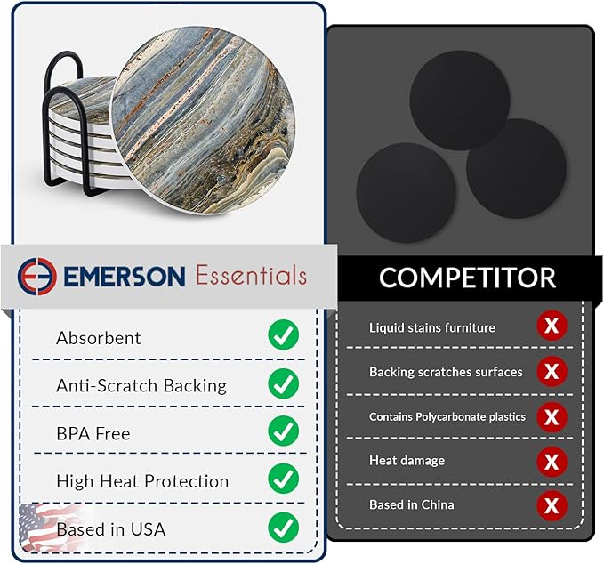 Emerson Coasters for Drinks Absorbent – Natural Stone Drink Coasters Set with Holder, Coasters for Coffee Table, Wooden Tabletop Protection Marble Style – 100% Heavy Duty Set of 6 (Moon)