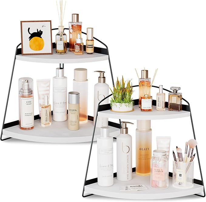 Puricon Bathroom Counter Organizer, 2 Tier Corner Countertop Storage Shelf Bathroom Sink Organizer, Wood Triangle Bathroom Organization for Skincare Kitchen Vanitity -White, 2 Pack