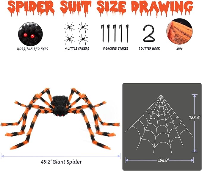Halloween Spider Web and Giant Spiders Decorations Set Triangle Spider Web & Realistic Scary Fake Large Hairy Yellow Spider Props for Indoor/Outdoor Porch & Yard Parties Haunted House Halloween Décor