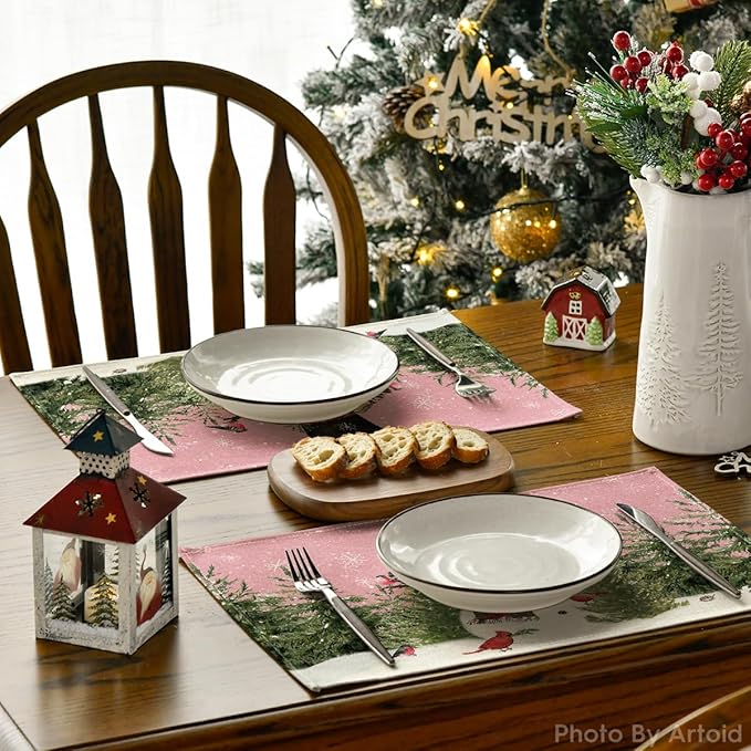 Artoid Mode Snowman Birds Trees Christmas Placemats Set of 4, 12x18 Inch Seasonal Pink Winter Holiday Table Mats for Party Kitchen Dining Decoration
