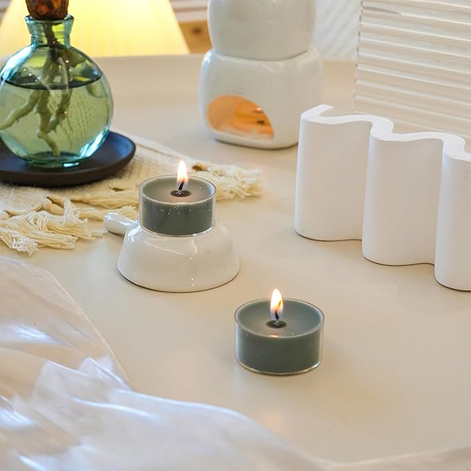12 Unscented Natural Soy Tealight Candles in Clear Cups, 5H Long Clean Burning, Hand-Poured Green Mini Tea Candle Set for Parties, Spa, Meditation, Gift, Holiday, Emergency, Home Decor