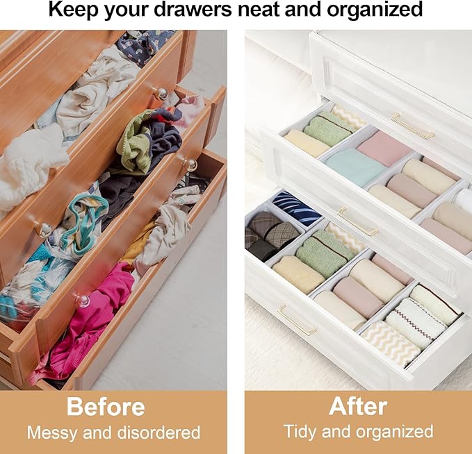 Set of 12 Drawer Organizer, Fabric Closet Organizer and Storage Baskets,Foldable Drawer Divider for Clothing,Sock,Ties,Underwear Drawer Organizers,Set of Cabinet Storage Boxes (White)