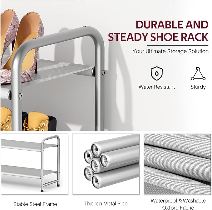 SLEEPING LAMB 2-Tier Long Shoe Rack Organizer for Closet, Stackable Wide Shoe Shelf Holds 18-Pairs Low Shoe Storage for Bedroom, Floor, Entryway (Grey)