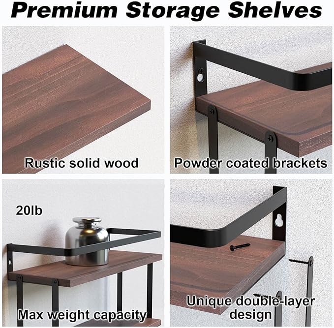 RICHER HOUSE 2+1 Tier Wall Mounted Floating Shelves Set of 2, Rustic Wood Shelf with Metal Frame, Extra Storage Rack for Bathroom, Kitchen, Bedroom with Tissue Rack & Towel Bar - Rustic Brown
