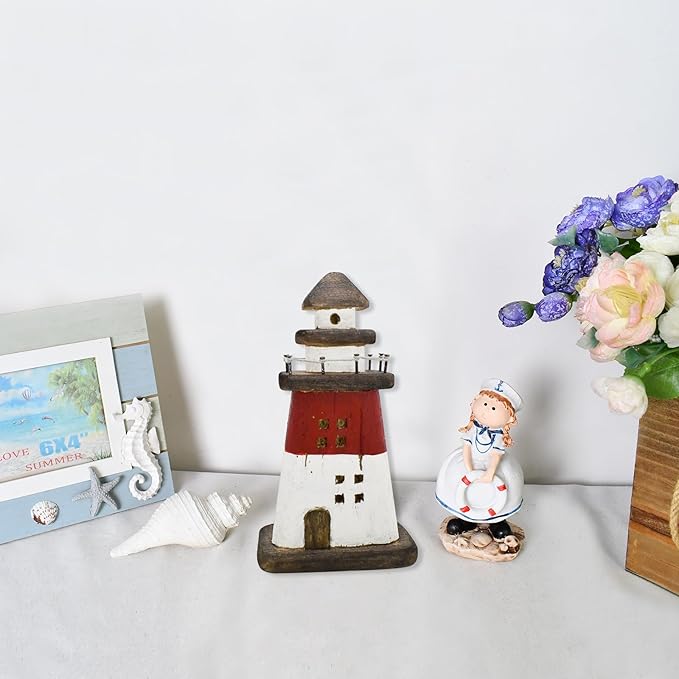 K KILIPES Beach Lighthouse for Bathroom Nautical Home Decor, 7.5" H Wood Light House Sculpture Tabletop Coastal Centerpiece Ocean Decorations