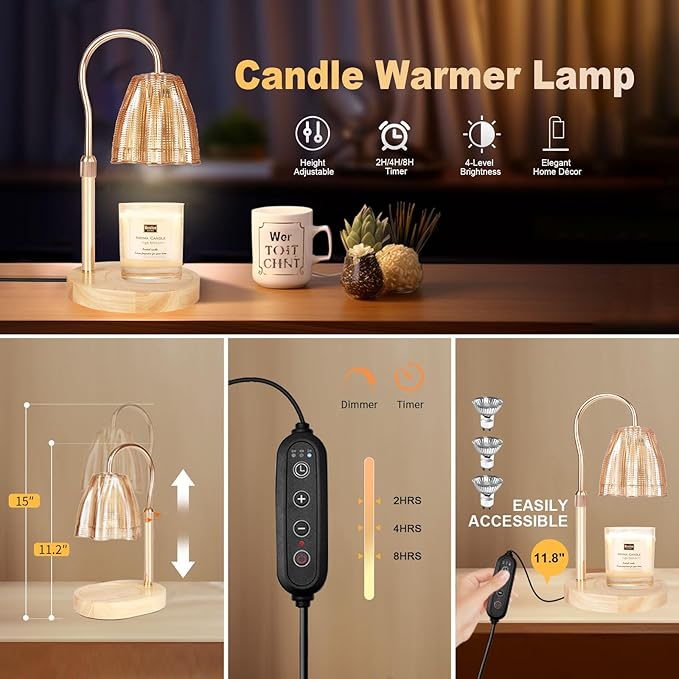 Candle Warmer Lamp with Timer & Dimmer, Candle Warmer Height Adjustable, Fits All Jar Scented Candles, Candle Lamp with 3 Bulbs, Charming Gift Box with Ribbon for Gifting