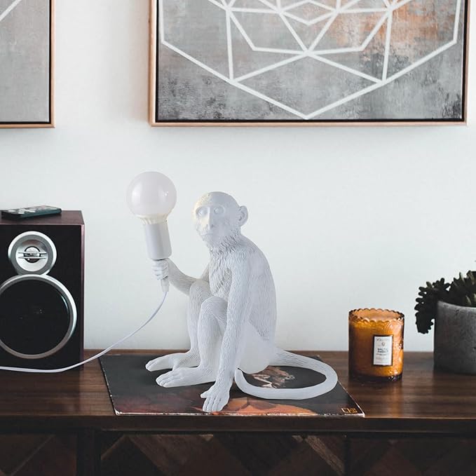 Modern Resin Monkey Wall & Table Lamp - Hemp Rope Pendant Light for Home Decor - Dining, Living Room, Bedroom, Entryway (White)