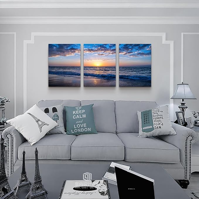 Framed Canvas Wall Art for living room Large Size Office Wall Decor Sunrise blue sea view Wall Pictures Artwork ocean Paintings Ready to Hang for Modern bedroom Home Decoration 16" x 24" 3 Pieces