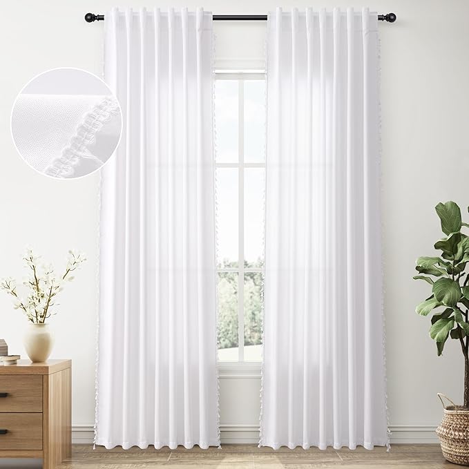 White Linen Boho Curtains 2 Panels 84 Inches Long Semi Sheer Privacy Curtains Tassel Back Tab Top Light Filtering Neutral Farmhouse Curtain for Living Room Bedroom 52x84