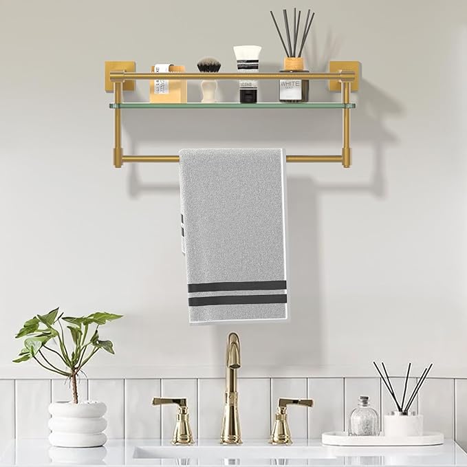 Bathroom Glass Shelf Brushed Gold Finish with Towel Rack, SUS304 Stainless Steel, 16-inch Tempered Glass Shelves for Wall