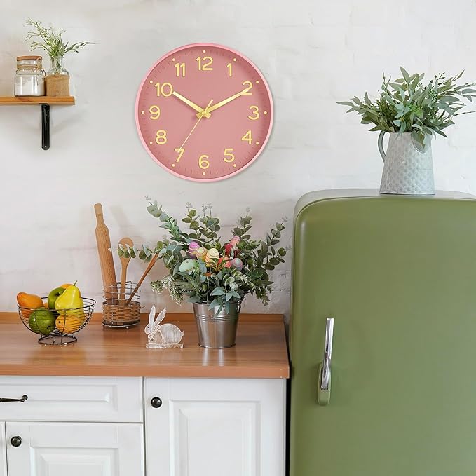 Silent Wall Clocks Battery Operated 10 Inch-Modern Non Ticking Analog Clock Decorative for Kitchen Office Bathroom Bedroom(Pink Gold)