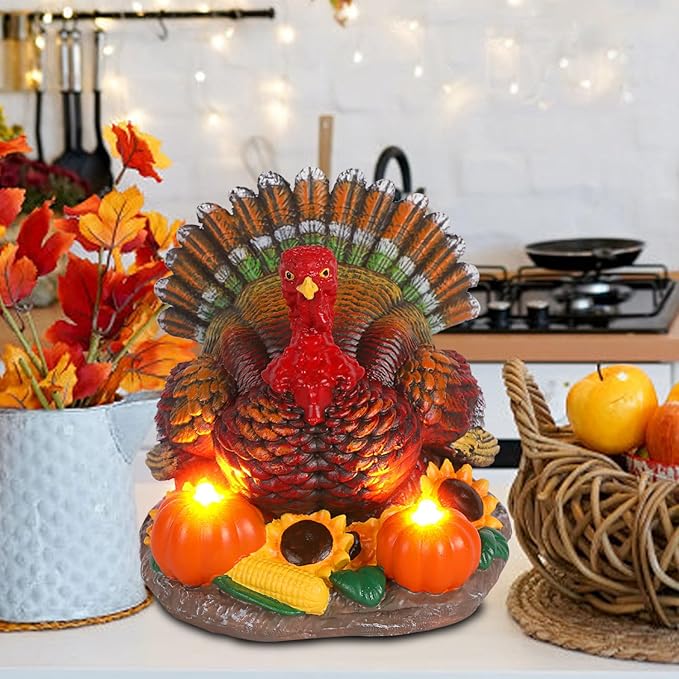 Thanksgiving Turkey Decorations Indoor Resin Turkey Figurines with 2 Pumpkin Electric Candlesticks Fall Harvest Table Decor for Home Office Shelf Kitchen - Thanksgiving Autumn Gift