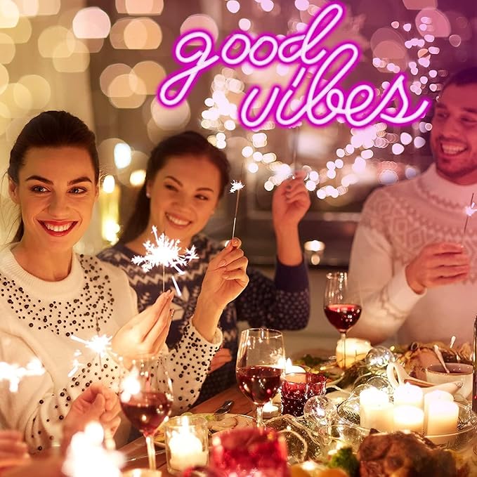 DECANIT Good Vibes Neon Sign for Wall Decor Powered by USB Neon Light for Bedroom Decor, Pink Color,16.1"x 8.3"x 0.6"