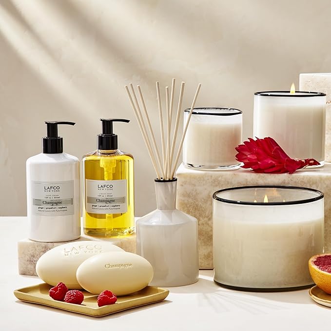 LAFCO New York Classic Reed Diffuser, Champagne - 6 oz - Up to 3 Months Fragrance Life - Reusable, Hand Blown Glass Vessel - Natural Wood Reeds - Made in The USA