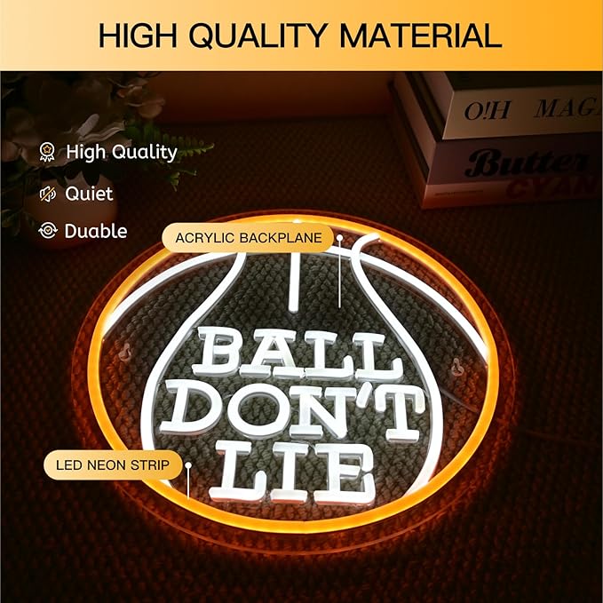 Ball Don’t Lie Neon Sign, Basketball LED Light for Game Room, Man Cave, Bedroom, or Office, USB Powered, Dimmable, 13.3” Round Wall Decor Gift for Hoopers