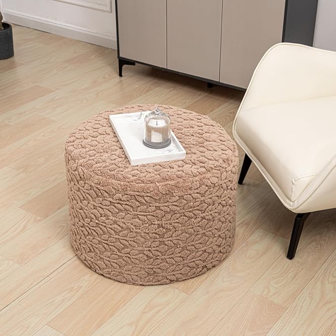 Round Pouf Ottoman Stuffed 20 x 20 x 14 Inches Boho Poof Foot Stool Home Decor Floor Pouffe Ottoman Foot Rest for Couch Sofa Bean Bag Chairs Living Room Bedroom (Brown)