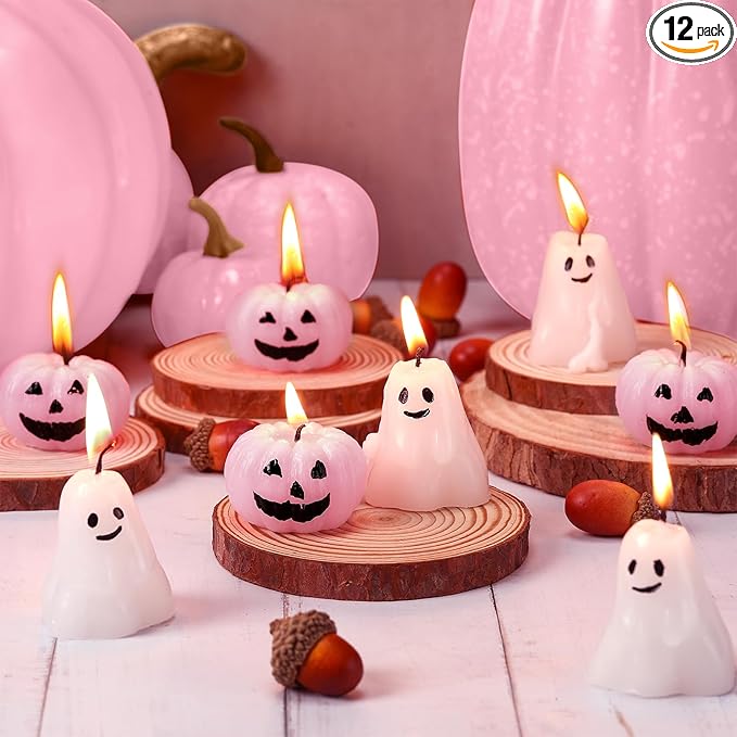 Nuanchu 12 Pcs Halloween Ghost Pumpkin Scented Candles - Thanksgiving & Fall Candles in White, Pink, Ghost