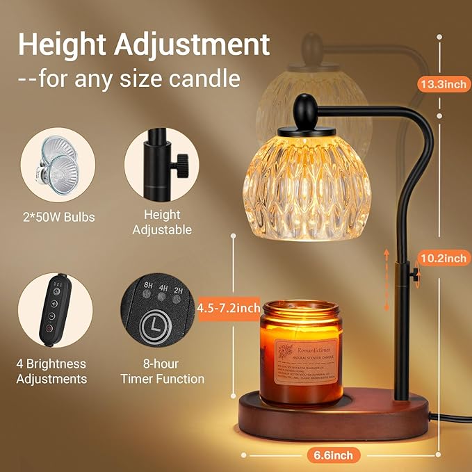 Candle Lamp with Timer & Dimmer - Height Adjustable for Scented Candles, With 2 * 50W Bulbs - Home Decor Gift for Mothers Day (Black)