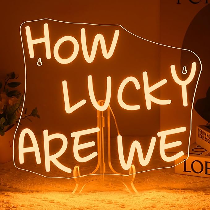 NOSUN How Lucky Are We Neon Sign Lucky Light Signs, Warm White Neon Signs for Wall Decor, Lucky LED Neon Signs for Teen Girls Neon Lights Signs for Bedroom, Salon, Party Neon Name Sign