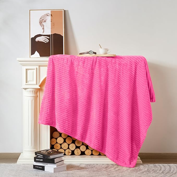 Vessia Flannel Fleece Twin Blanket for Couch,Sofa,Bed, 300GSM Striped 60x80 inch Hot Pink Blanket for Adults and Kids, Super Soft Warm Cozy Lightweight Ribbed Throw for All-Season