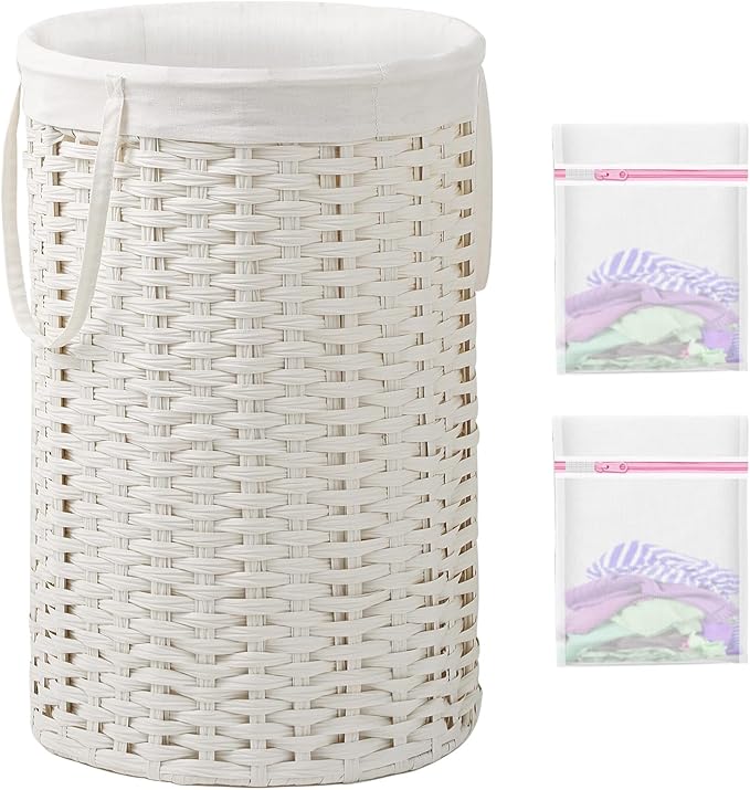 Large Laundry Hamper Laundry Basket Round 34.3 Gal (130 L) Handwoven Wicker Laundry Baskets Rattan Laundry Basket with Removable Bag Handles 2 Mesh Bags for Living Room Bedroom White