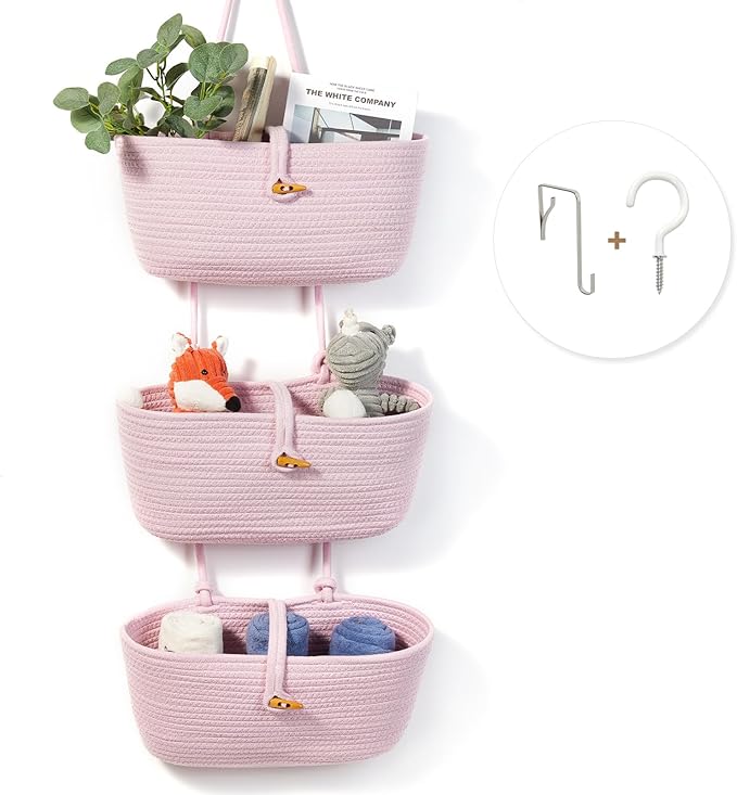 DULLEMELO Hanging Wall Basket for Wall Decor | Pink Woven Storage Basket with Button Strap | 3-Tier Hanging Baskets for Organizing | Hanging Kitchen Baskets