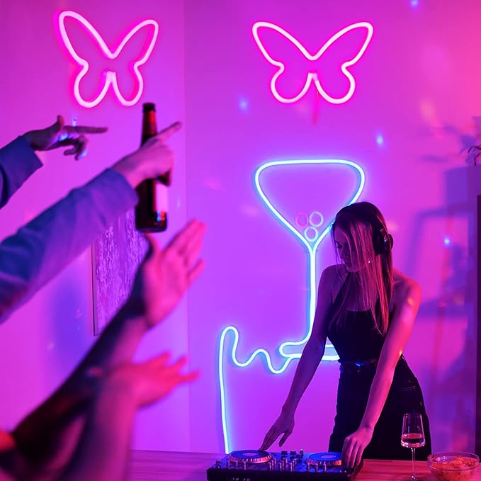 Riakrum 2 Pcs Butterfly Neon Signs LED Light 3AA Battery Powered USB Operated Wall Neon Light Decor Butterfly Wall Art for Christmas Home Bedroom Birthday Party Decor(Pink)