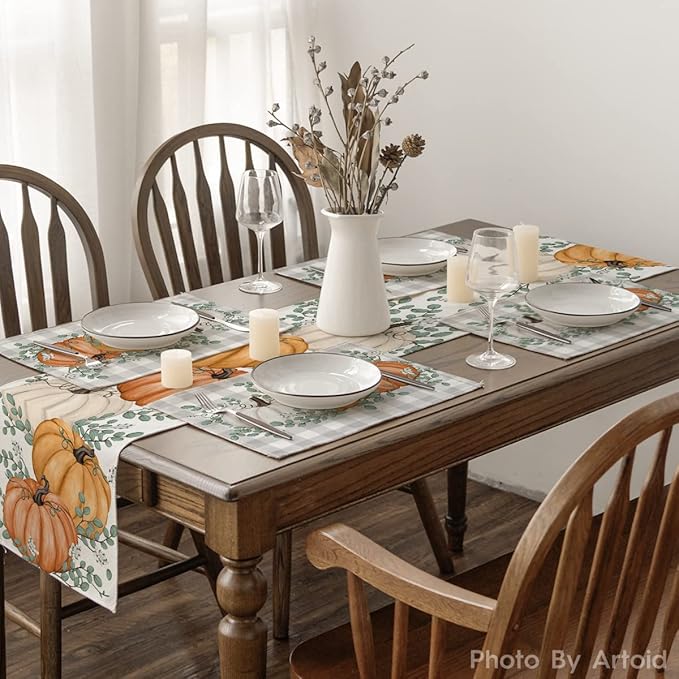 Artoid Mode Orange Pumpkins Eucalyptus Leaves Fall Placemats Set of 6, 12x18 Inch Seasonal Autumn Table Mats for Party Kitchen Dining Decoration