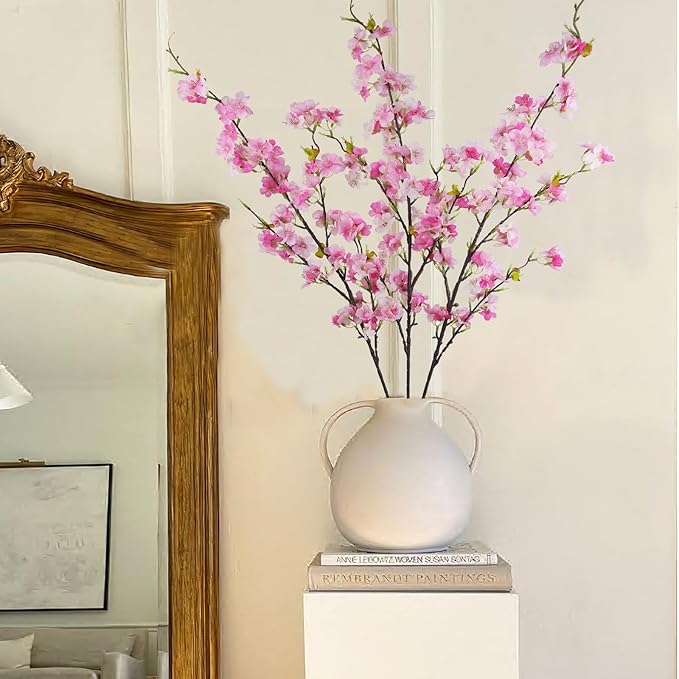 CISDUEO 3 Pcs Artificial Cherry Blossom Flower Silk Peach Flowers Bulk Plum Blossom Flowers with Leaves Cherry Blossom Branches Vase Arrangements for Spring Wedding Indoor Outdoor DIY Party Decor Pink