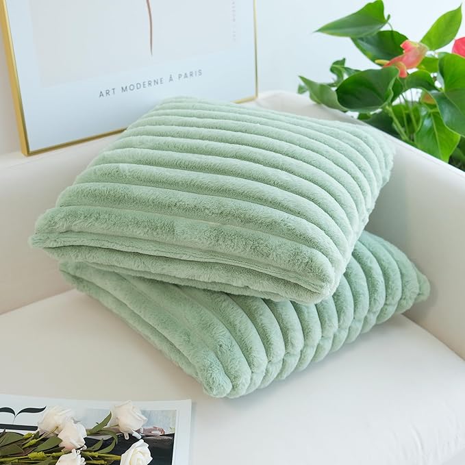 JOJUSIS Pack of 2 Faux Fur Plush Decorative Throw Pillow Covers Couch Cushion Case Soft Pillowcases (Sage Green, 24 x 24-Inch)