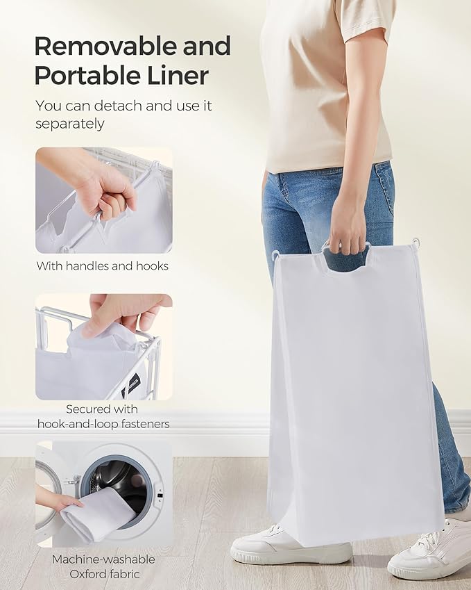 SONGMICS Laundry Hamper, 130L Laundry Basket with Lid, Clothes Hamper with Wheels, Collapsible Removable Liner Bag, Iron-Made Laundry Sorter, Cloud White ULCB313W01