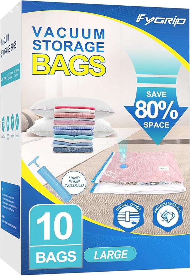 10 Pack Large Vacuum Storage Bags with Hand Pump, Plastic Packaging Bags, 80% Space Saver Vacuum Seal Bags for Clothing, Travel Lugggage, Blankets, Comforters