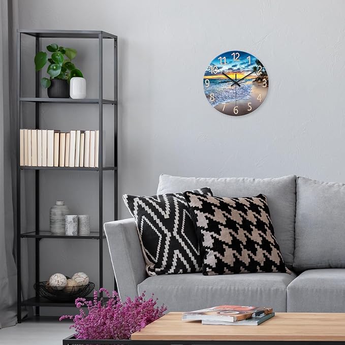 Glass Beach Wall Clock for Living Room Large Clocks for Walls Non Ticking Wall Clock Battery Operated 20 Inch