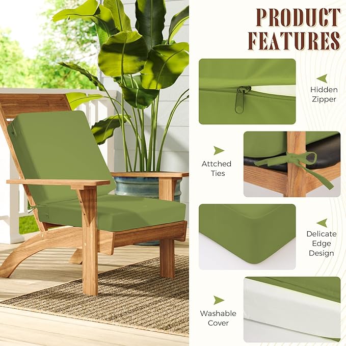 Outdoor Deep Seat Cushion Set of 2, 24 x 24 Inch Waterproof and Fade Resistant Patio Furniture Cushion Backrest with Ties for Patio Garden Yard and Balcony (Green-2Pcs, 24x24Inch)