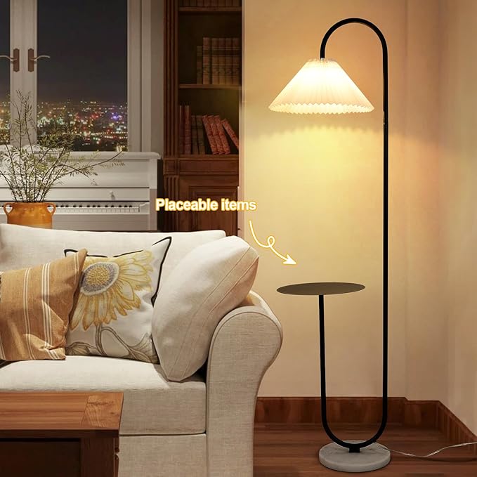 beaysyty Modern Elegant with Tray Floor Lamp for Office Cafe Den Living Room Bedroom, Foot Switch and Black Paint, White Pleated Cloth Lampshade